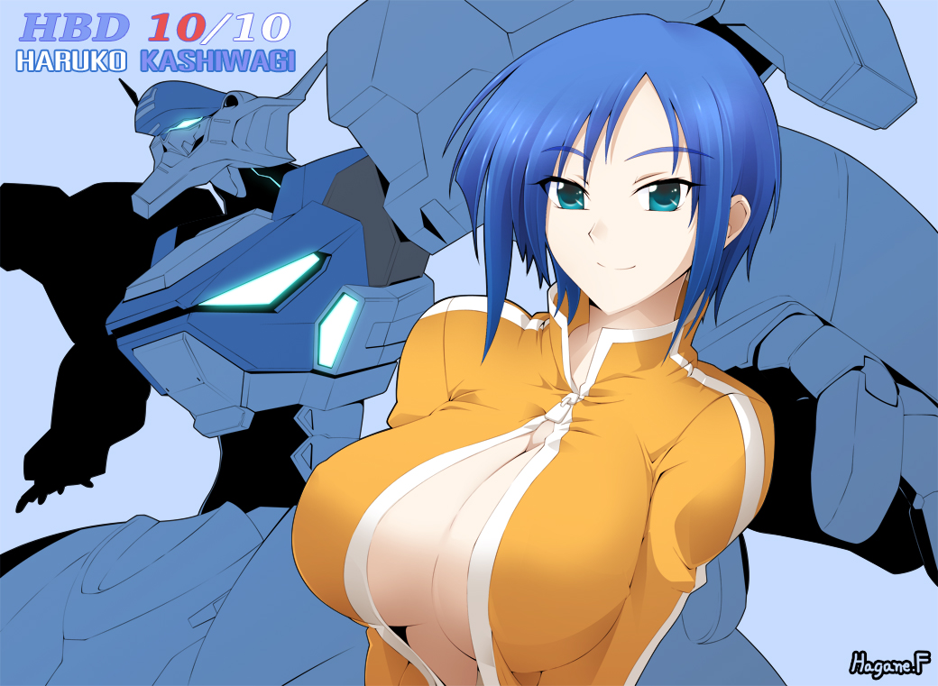 blue_eyes, blue_hair, breasts, center_opening, cleavage, haganef, huge_breasts, kashiwagi_haruko, mecha, muvluv, muvluv_alternative, unzipped
