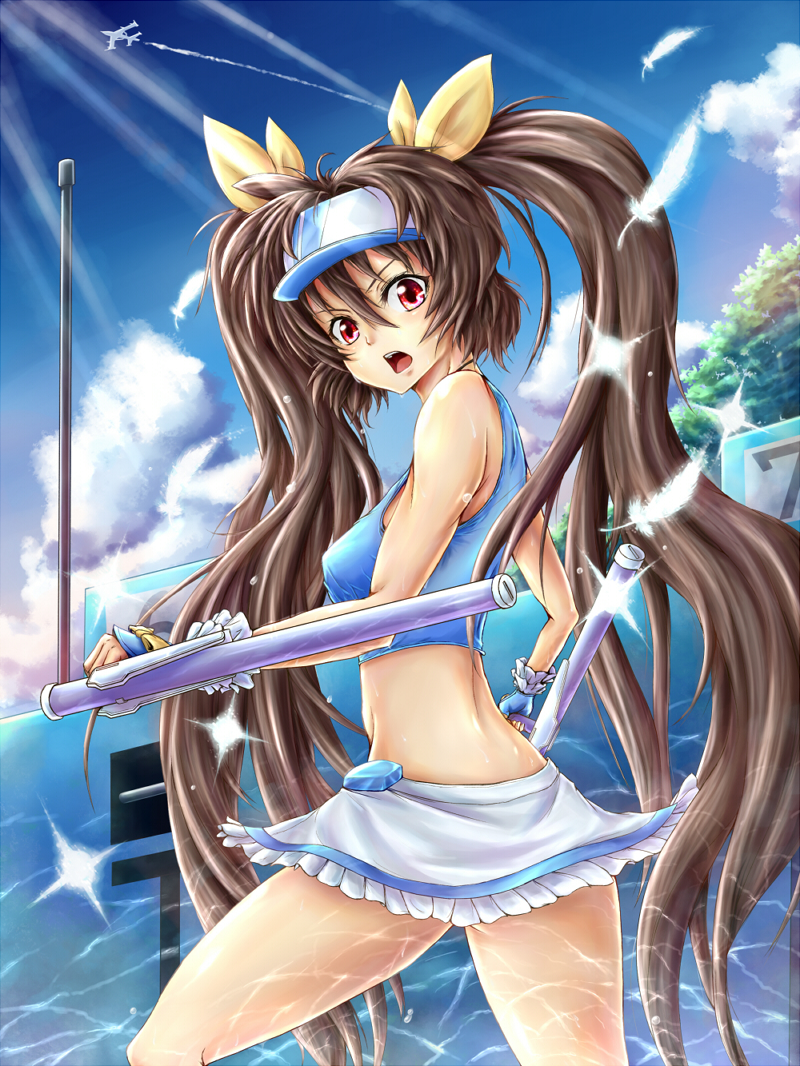 brown_hair, cloud, hair_ribbon, hasumi_eri, long_hair, looking_at_viewer, midriff, open_mouth