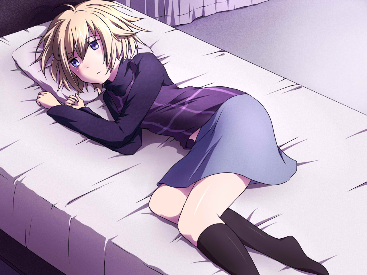 bed, black_legwear, blonde_hair, blue_eyes, highres, lying, nya?, on_side, pillow, skirt, sweater, urotsuki, yume_2kki