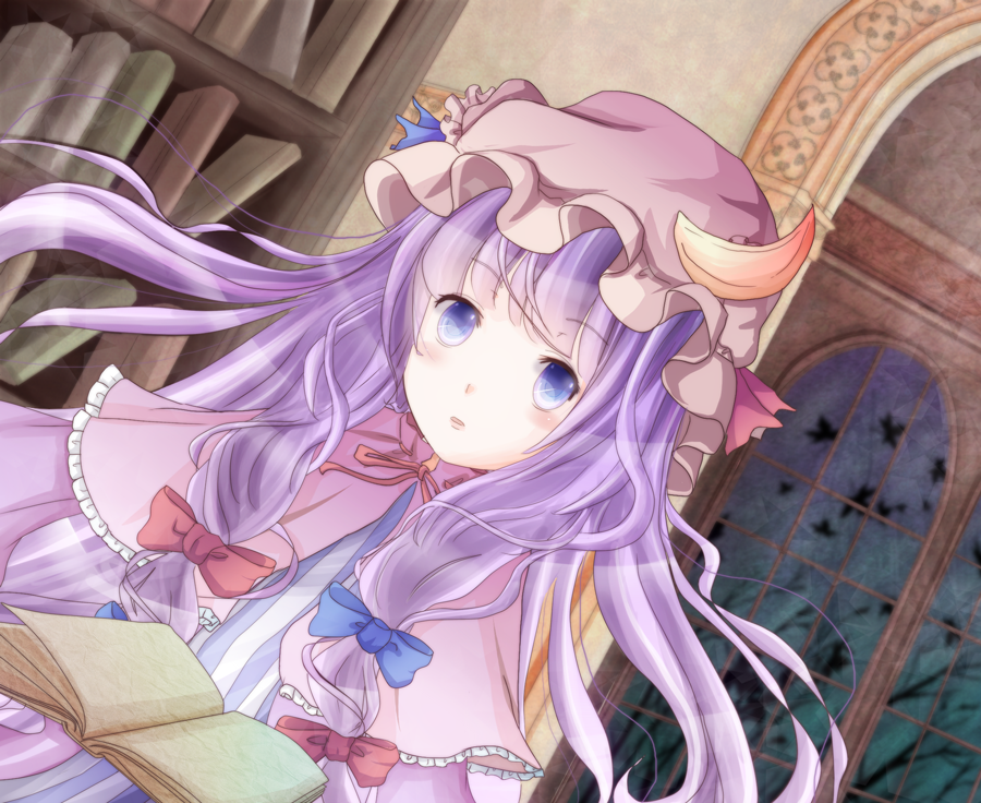:o, beret, blue_eyes, book, bookshelf, bow, crescent, dutch_angle, hair_bow, hair_ribbon, hat, kotubu, long_hair, patchouli_knowledge, purple_hair, ribbon, solo, touhou, window