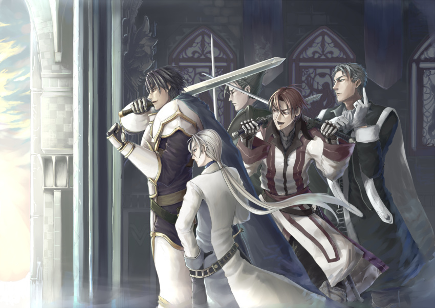 armor, bad_id, black_hair, blonde_hair, culgan, gensou_suikoden, gensou_suikoden_ii, jowy_atreides-blight, long_hair, luca_blight, male, multiple_boys, ponytail, red_hair, reed_hair, seed_(suikoden), solon_jhee, soraniaka, sword, weapon