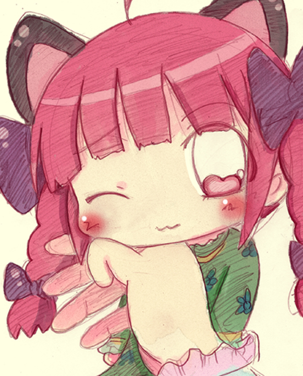 ahoge, animal_ears, blush, braid, cat_ears, chibi, chin_tickle, extra_ears, heart, kaenbyou_rin, komeiji_satori, petting, red_eyes, red_hair, redhead, symbol-shaped_pupils, touhou, traditional_media, twin_braids, wink, yajirushi_(yajiru4)