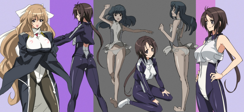 black_legwear, bodysuit, breasts, brown_eyes, brown_hair, character_request, hands_on_hips, highres