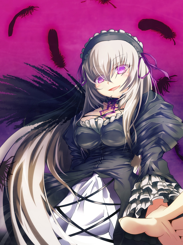 breasts, choker, dress, fakon, feathers, frills, from_below, glowing