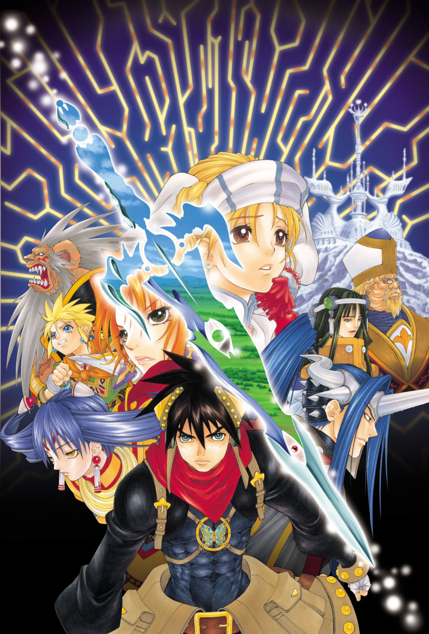 5boys, absurdres, elena_(grandia), everyone, face, grandia, grandia_ii, head_scarf