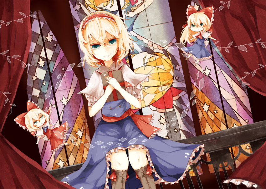 alice_margatroid, blonde_hair, blue_eyes, book, boots, bow, dress, dutch_angle, hair_bow, hairband, hourai, kaio_(watagami), shanghai, shanghai_doll, short_hair, sitting, smile, solo, stained_glass, touhou