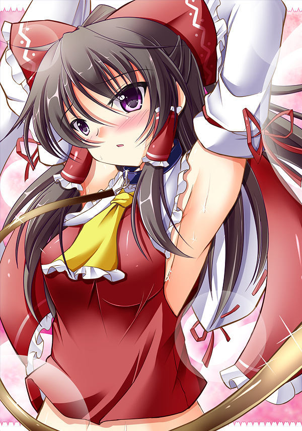 armpits, arms_behind_head, arms_up, ascot, blush, bow, breasts, brown_hair