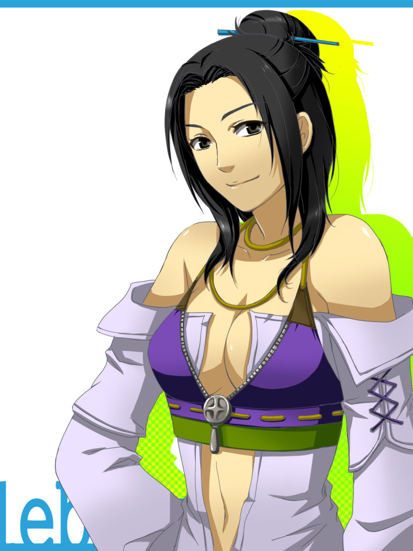 bare_shoulders, black_hair, breasts, cleavage, dark_skin, detached_sleeves, female, final_fantasy