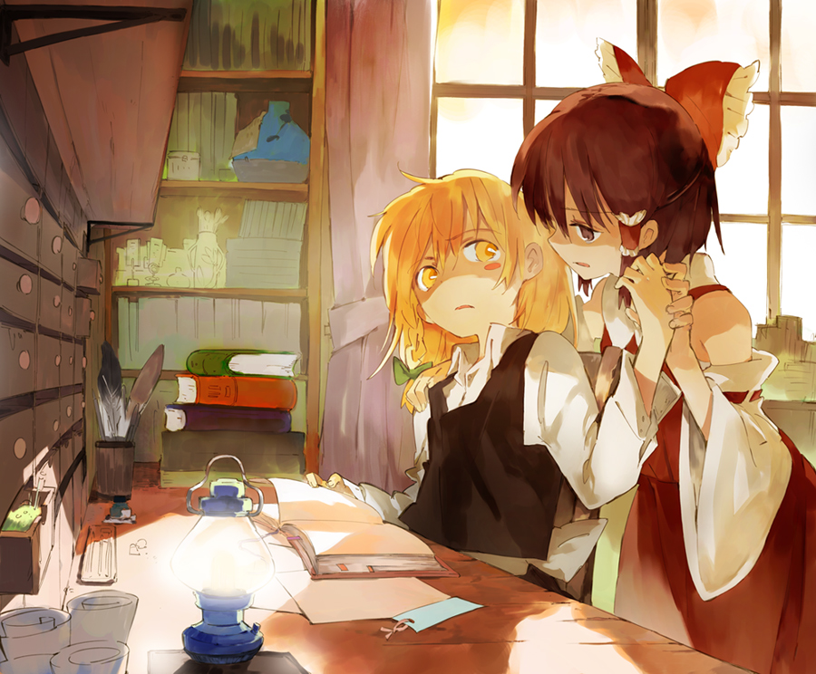 asaki, blonde_hair, book, bow, braid, brown_eyes, brown_hair, chair