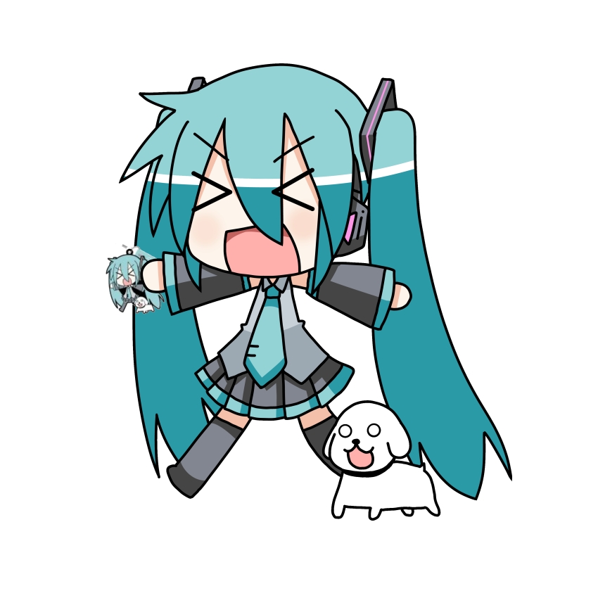 aqua_hair, chibi, chibi_miku, detached_sleeves, dog, hamo_(dog), hatsune_miku, headphones