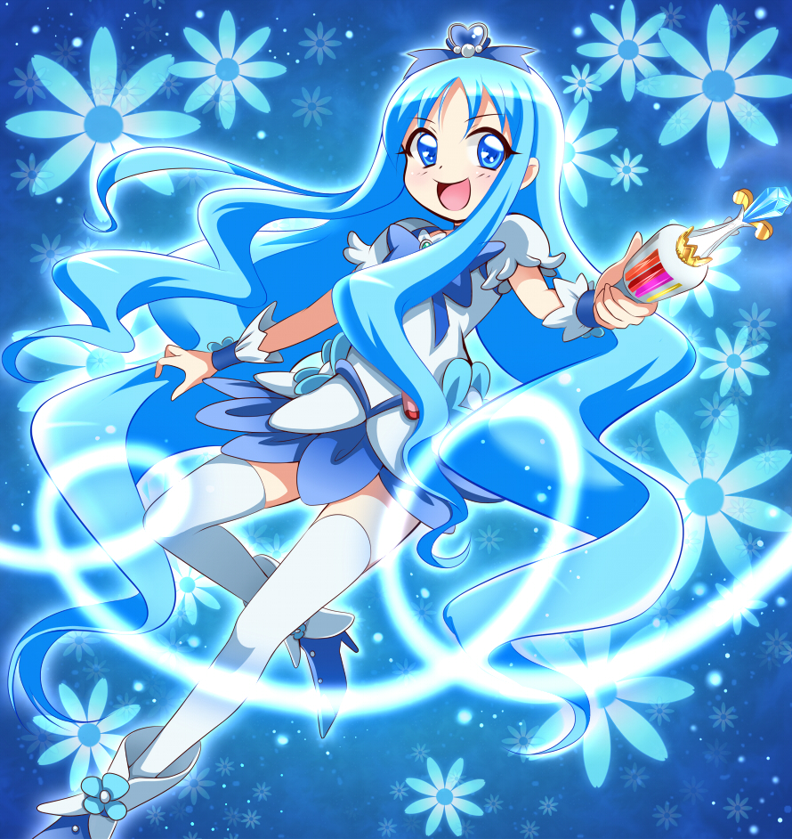 blue, blue_eyes, blue_hair, cure_marine, dansa, flower_tact, hair_ornament, hairpin