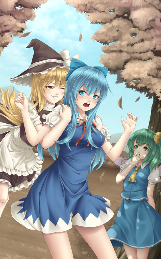 adult, alternate_hair_length, alternate_hairstyle, apron, ascot, blonde_hair, blue_dress, blue_eyes