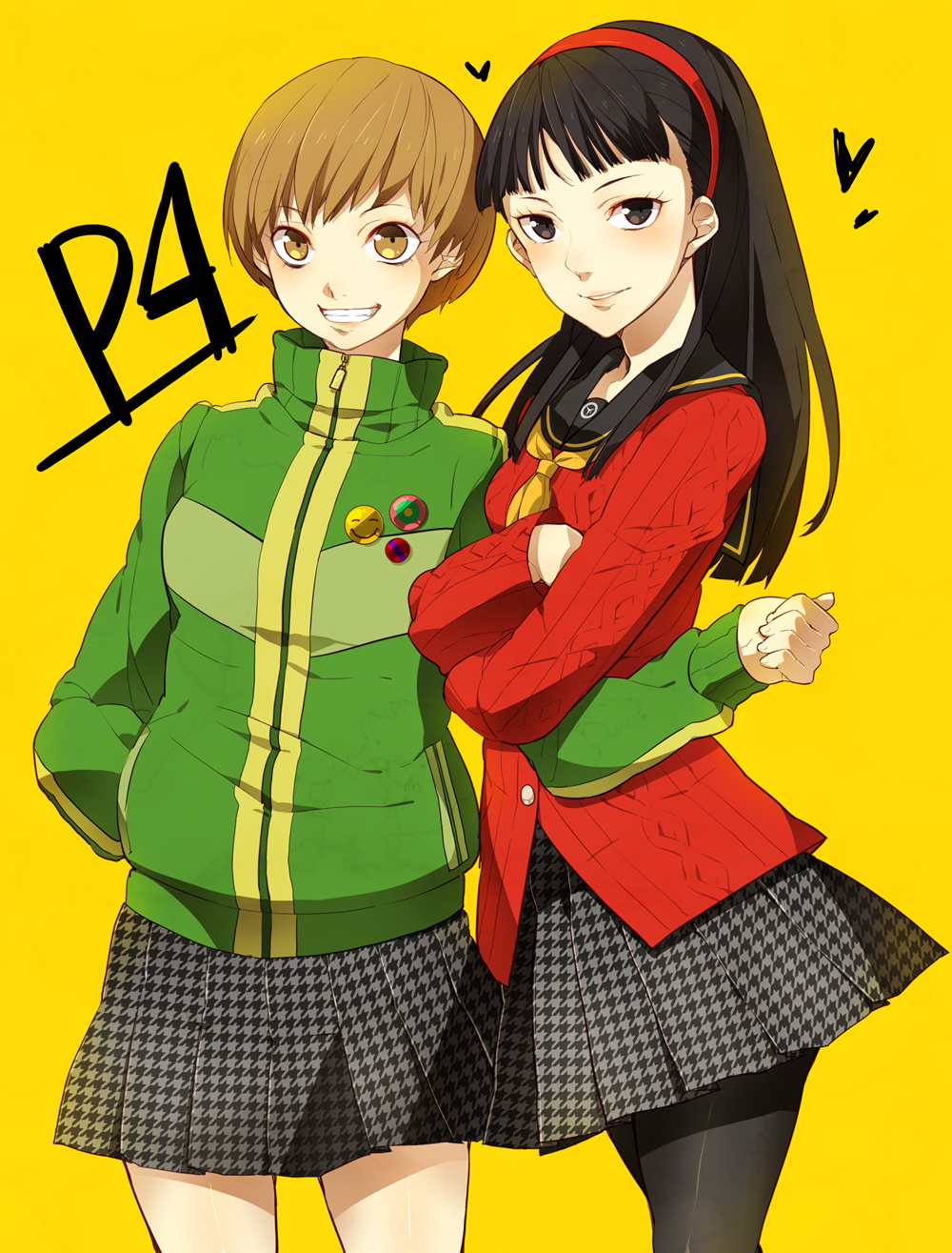 amagi_yukiko, arm_grab, black_hair, brown_eyes, brown_hair, face, grin, hairband