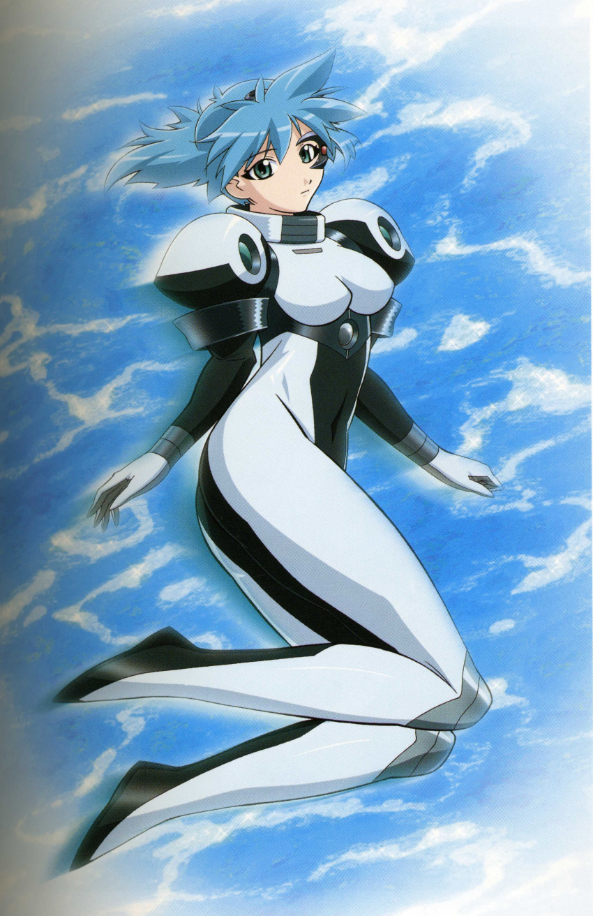 aqua_eyes, blue_hair, bodysuit, hair_ornament, highres, jewelry, kuroda_kazuya, legs