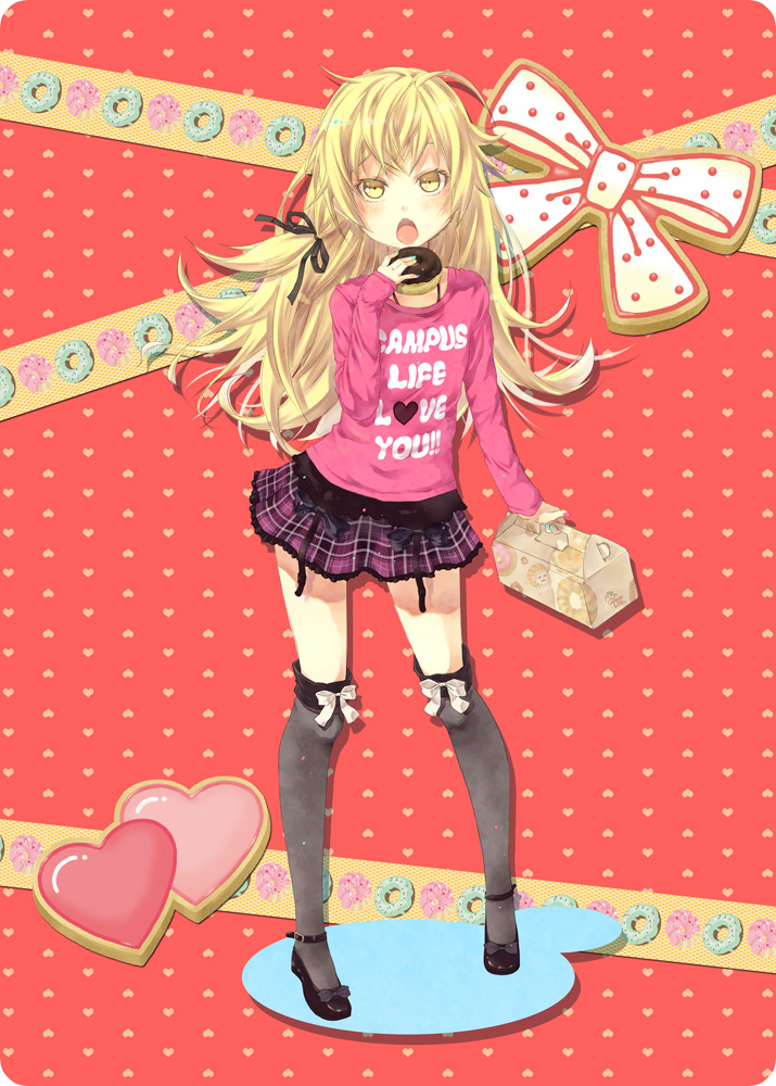 bakemonogatari, blonde_hair, blush, box, doughnut, fangs, hair_ribbon, heart, kouji_(campus_life), long_hair, monogatari_(series), nail_polish, open_mouth, oshino_shinobu, over-kneehighs, plaid, ribbon, skirt, solo, t-shirt, yellow_eyes