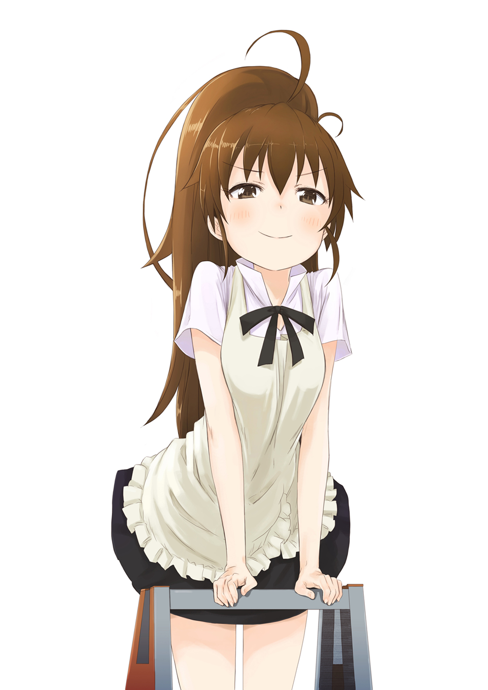 ahoge, apron, blush, brown_eyes, brown_hair, doya-gao, highres, leaning_forward