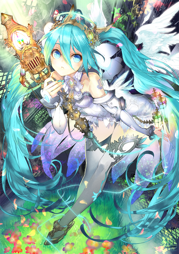 alteil, alteil_battle_rpg, alternate_costume, aqua_hair, blue_eyes, dress, fantasy, hatsune_miku, long_hair, official_art, solo, thigh-highs, thighhighs, twintails, very_long_hair, vocaloid, white_dress, white_legwear, yamamoto_yamato