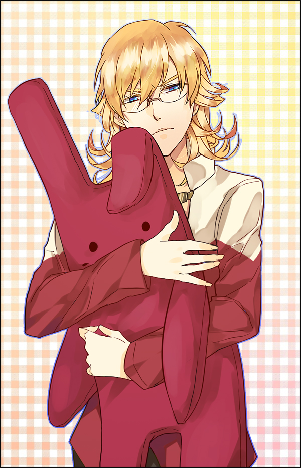 barnaby_brooks_jr, blonde_hair, blue_eyes, glasses, glowing, jacket, jewelry, male