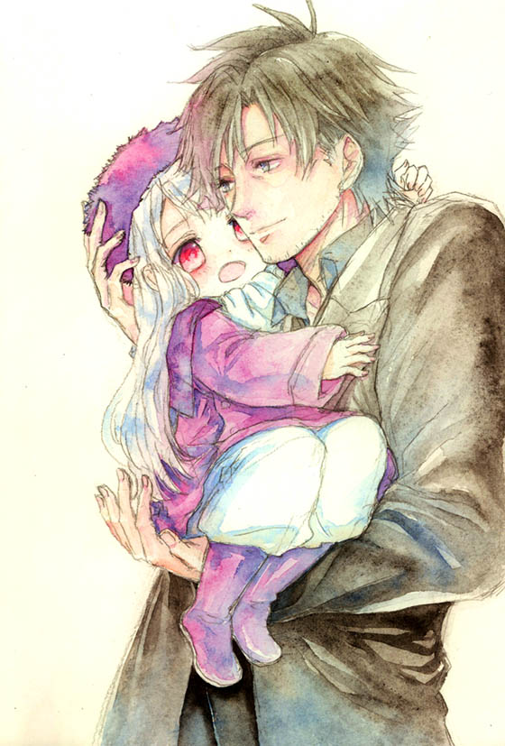 age_difference, carrying, child, emiya_kiritsugu, fate/stay_night, fate/zero, fate_(series), father_and_daughter, hat, illyasviel_von_einzbern, long_hair, male, norino_moto, red_eyes, short_hair, traditional_media, watercolor_(medium), white_hair, young