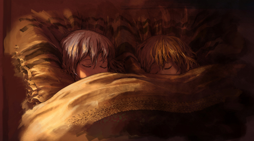 bed, blonde_hair, blue_hair, child, closed_eyes, eyes_closed, flandre_scarlet, highres
