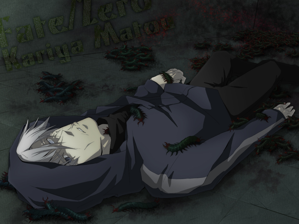 blue_eyes, crest_worm, fate/stay_night, fate/zero, fate_(series), heterochromia, hoodie, insect, jacket, lapis429, lying, male, matou_kariya, pale_skin, solo, white_eyes, white_hair
