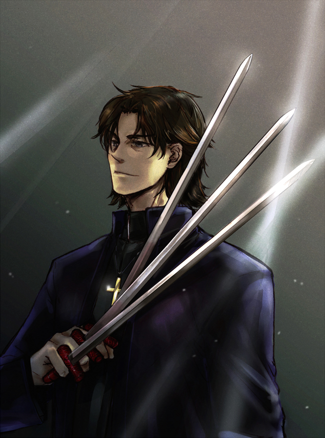 bangs, black_key, black_keys, brown_eyes, brown_hair, cassock, crimo, cross