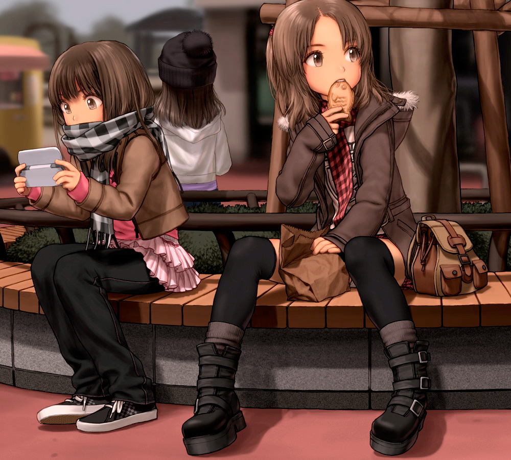 bag, beanie, black_legwear, blurry, boots, brown_eyes, brown_hair, casual