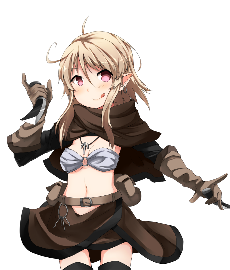 ahoge, belt, belt_pouch, blonde_hair, blush, earrings, gloves, jewelry, key, knife, long_hair, looking_at_viewer, navel, necklace, payot, pointy_ears, purple_eyes, sicx_lives, simple_background, skirt, solo, tongue, violet_eyes, wakuwakusan