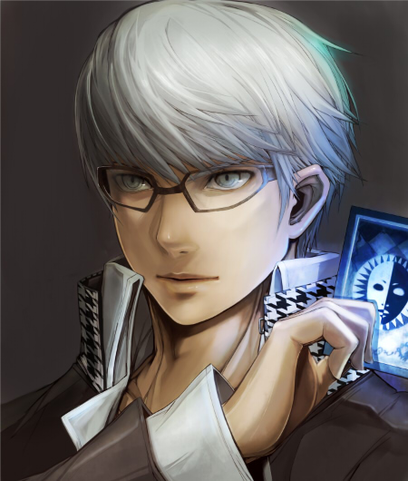 blue_card, card, face, glasses, grey_eyes, grey_hair, holding, holding_card, houndstooth, inukichi, male, narukami_yuu, persona, persona_4, portrait, school_uniform, short_hair, simple_background, solo