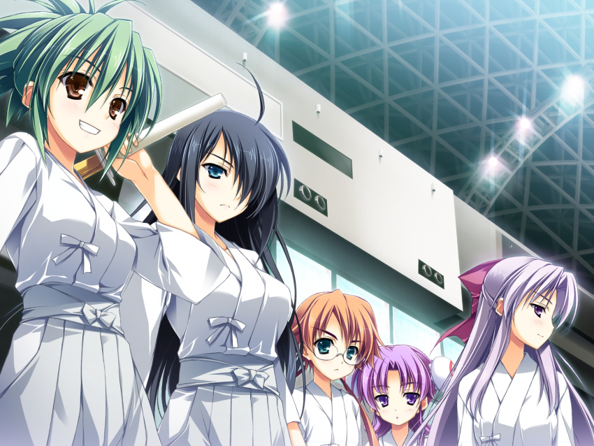 akatsuki_setsuna, blue_eyes, brown_eyes, game_cg, glasses, group, highres, japanese_clothes, kiryuu_koume, kourin_no_machi_lavender_no_shoujo, long_hair, nanahoshi_itsuki, purple_eyes, sashimi_(yumitoge_nozomi), sword, ukon_shizuru, violet_eyes, weapon, yuuki_hagure