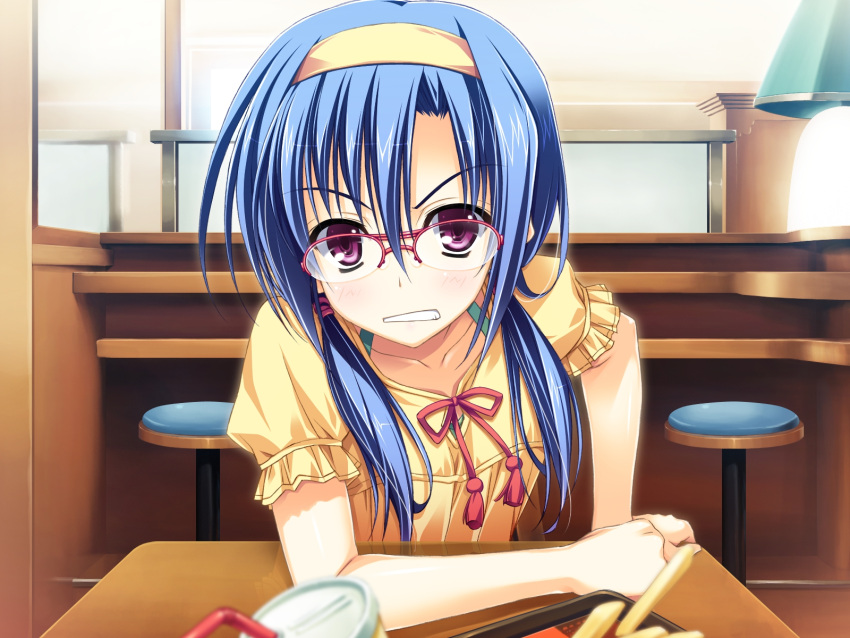 blue_hair, game_cg, glasses, headband, kourin_no_machi_lavender_no_shoujo, long_hair, purple_eyes, sawamura_akina