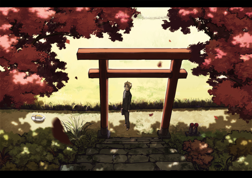amemura, amemura_(caramelo), brown_hair, cat, cherry_blossoms, jizou, letterboxed, madara, natsume_takashi, natsume_yuujinchou, nyanko, petals, scenery, school_uniform, shade, short_hair, stairs, torii, tree, tree_shade