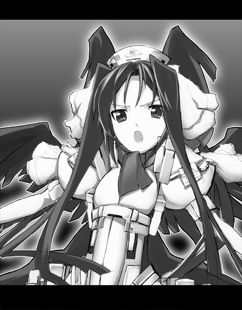 black_wings, bodysuit, flat_chest, kyoukai_senjou_no_horizon, long_hair, malga_naruze, monochrome, nov-cog