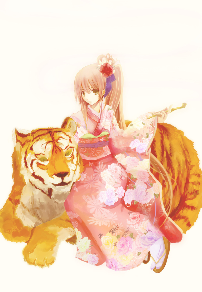 brown_hair, flower, hair_flower, hair_ornament, hair_ribbon, highres, japanese_clothes, kariya_kyou, kimono, kiseru, long_hair, original, pipe, ponytail, ribbon, side_ponytail, solo, tiger, tobacco_pipe, very_long_hair