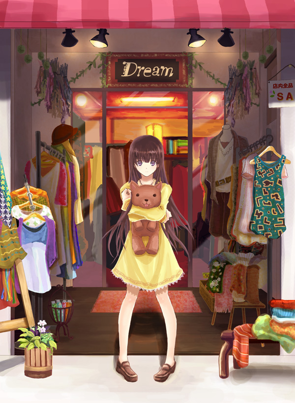 dress, kariya_kyou, long_hair, original, plant, purple_eyes, purple_hair, shop