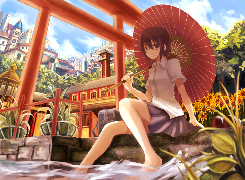barefoot, brown_eyes, brown_hair, city, cityscape, cloud, clouds, feet_in_water