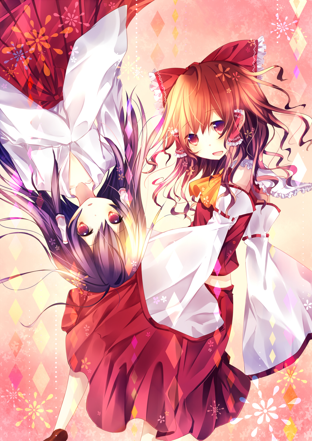 bow, brown_hair, detached_sleeves, hair_bow, hair_tubes, hakurei_reimu, hakurei_reimu_(pc-98), highres, japanese_clothes, kusa, miko, purple_hair, shirt, skirt, skirt_set, touhou, touhou_(pc-98), upside-down
