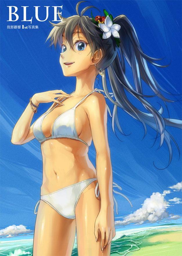 andou_chikanori, bare_shoulders, beach, bikini, black_hair, blue_eyes, breasts, cleavage