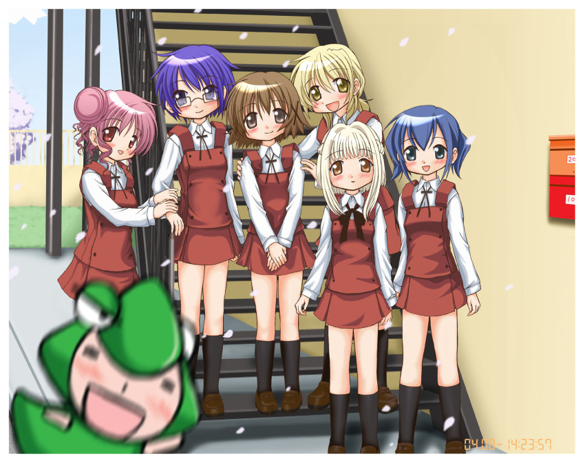 blonde_hair, blue_eyes, blue_hair, blush, brown_eyes, brown_hair, double_bun, glasses