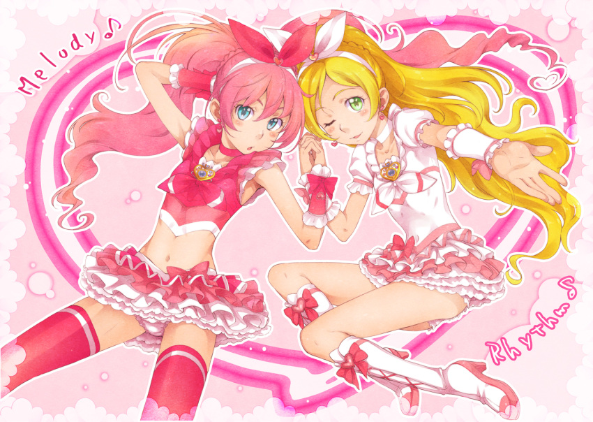 aqua_eyes, blonde_hair, boots, character_name, cure_melody, cure_rhythm, green_eyes, hand_behind_head