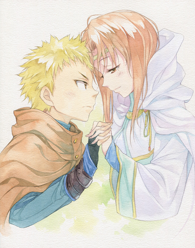 1girl, agahari, blonde_hair, brown_eyes, brown_hair, chad_(fire_emblem), cloak, couple
