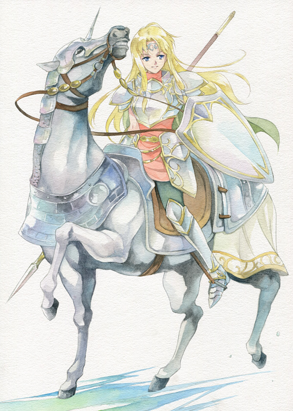 agahari, armor, barding, blonde_hair, blue_eyes, breastplate, cape, circlet