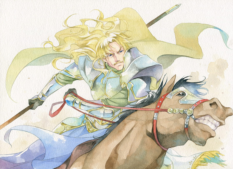 agahari, armor, barding, blonde_hair, blue_eyes, breastplate, cape, clifford_(tear_ring_saga), facial_hair, horse, long_hair, male, mustache, polearm, reins, riding, solo, spear, tear_ring_saga, traditional_media, weapon