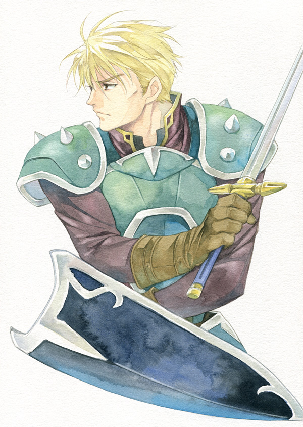 agahari, armor, blonde_hair, fire_emblem, fire_emblem:_rekka_no_ken, harken_(fire_emblem), male, pauldron, pauldrons, shield, short_hair, solo, sword, traditional_media, weapon