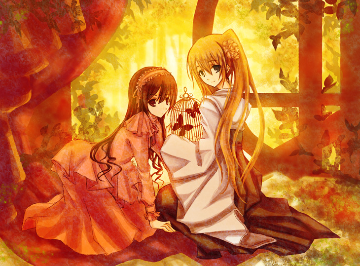 birdcage, blonde_hair, blue_eyes, brown_hair, butterfly, cage, dress, flower