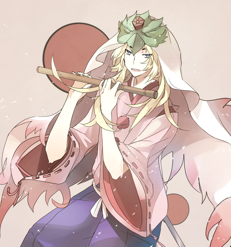 blonde_hair, blue_eyes, flute, hakama, instrument, iya-chen, japanese_clothes, long_hair