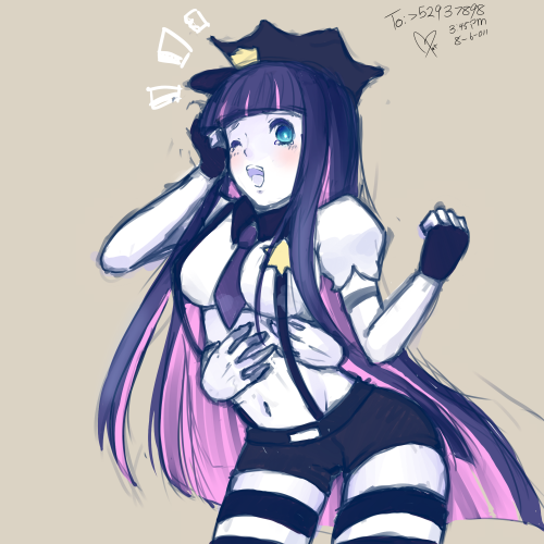blue_eyes, blush, drawfag, fingerless_gloves, gloves, hat, long_hair, lowres, multicolored_hair, navel, necktie, panty_&amp;_stocking_with_garterbelt, peaked_cap, pink_hair, puffy_short_sleeves, puffy_shoulders, puffy_sleeves, purple_hair, short_shorts, short_sleeves, shorts, solo, stocking_(character), stocking_(psg), striped, striped_legwear, thigh-highs, thighhighs, tickling, two-tone_hair, wink
