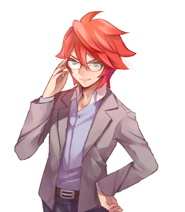 adjusting_glasses, adult, bad_id, belt, glasses, green_eyes, hand_on_hip, inazuma_eleven, inazuma_eleven_(series), inazuma_eleven_go, kira_hiroto, kiyama_hiroto, male, momori, red_hair, redhead, short_hair, simple_background, smile, solo, white_background