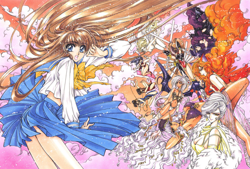 :o, alice_in_wonderland, angel_(miyuki-chan_in_wonderland), animal_ears, bat_wings, blue_eyes, brown_hair, bunny-san, cat_ears, character_request, cheshire_cat, cho_lee, clamp, cloud, elf, everyone, floating_hair, fur, hair_up, horn, humpty_dumpty, jabberwock, long_hair, looking_at_viewer, mahjong_girl, marker_(medium), miyuki-chan, miyuki-chan_in_wonderland, multiple_girls, official_art, parody, pipe, pointy_ears, school_uniform, serafuku, skateboard, skirt, skirt_hold, skirt_lift, sorceress_(miyuki-chan_in_wonderland), tho_lee, traditional_media, wavy_hair, wind, wind_lift, wings