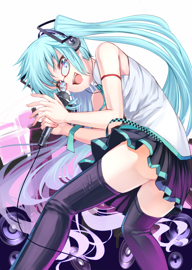 aqua_eyes, aqua_hair, bespectacled, glasses, hatsune_miku, headphones, long_hair, microphone